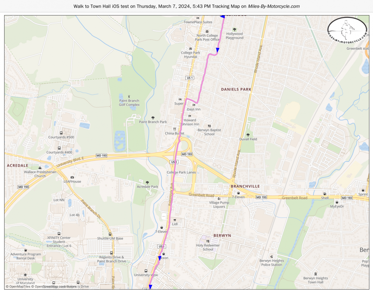 Walk to Town Hall iOS test on Thursday, March 7, 2024, 5:43 PM Tracking Map